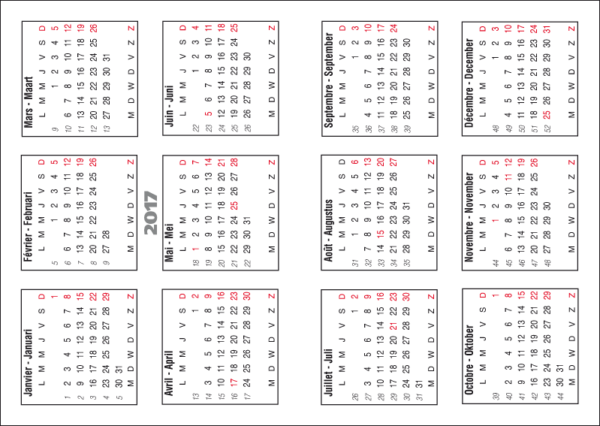 Calendrier 2017 - Belgique