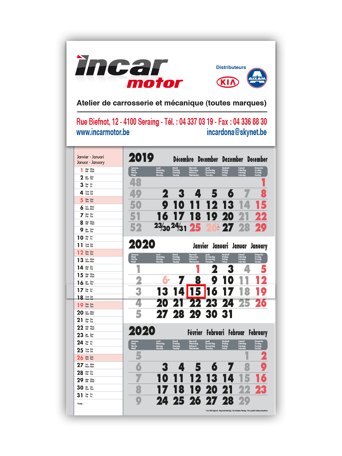 Calendrier trimestriel memo gris, calendrier d'entreprise 2020