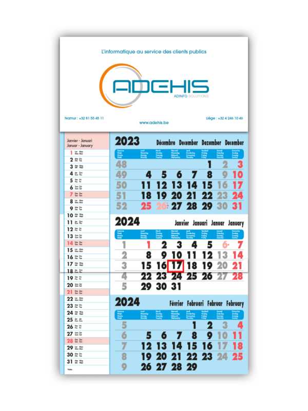 impression calendrier trimestriel bleu