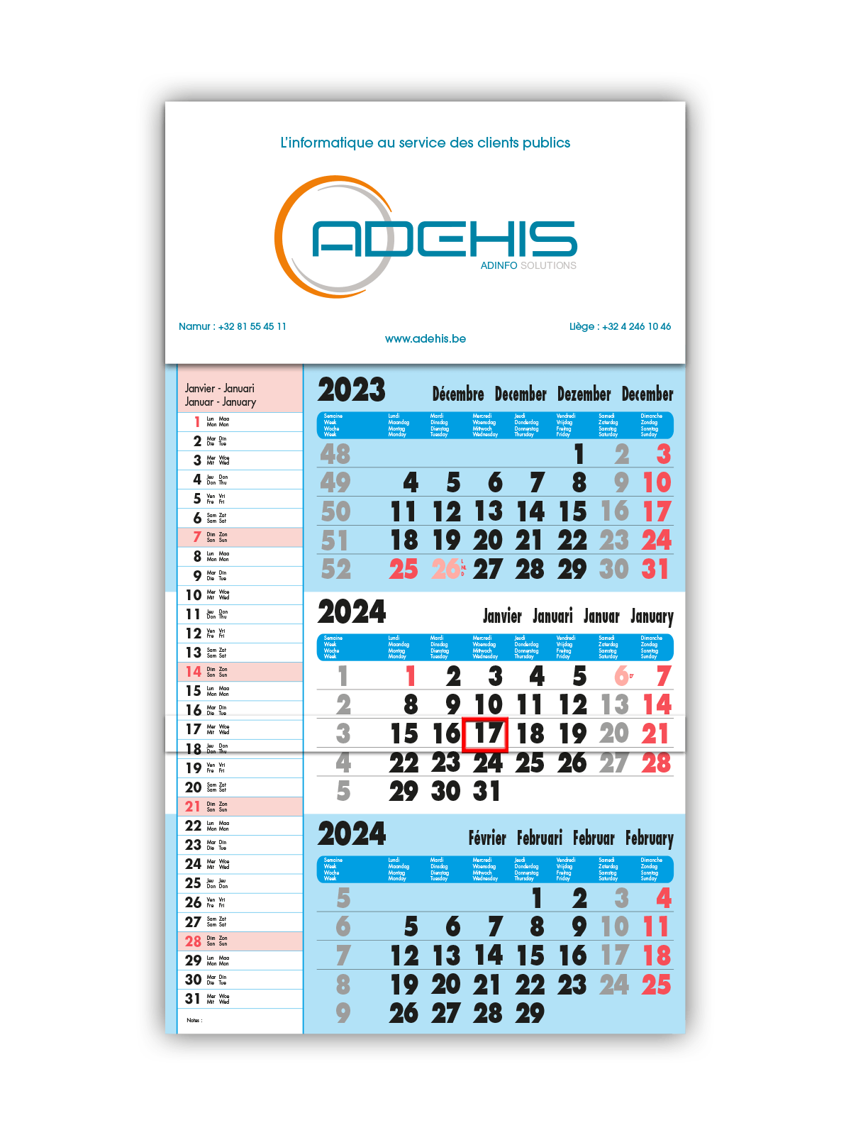 Calendrier de bureau trimestriel, calendrier personnalisé 2024